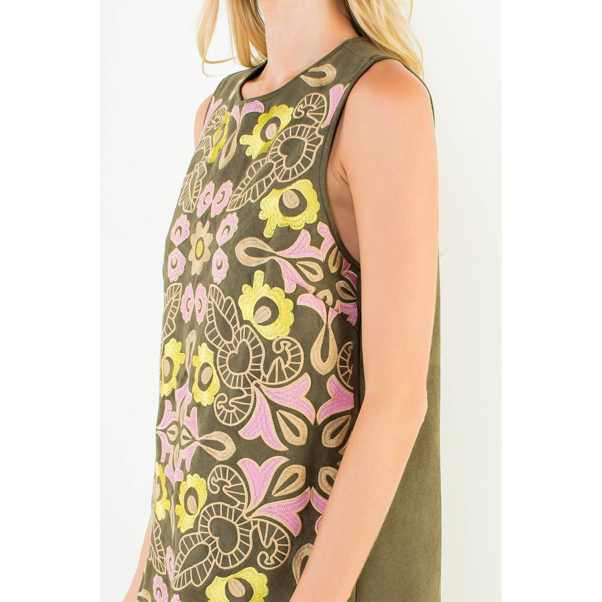 Autumn Suede Embroidery Dress - (IMPERFECTION) Olive