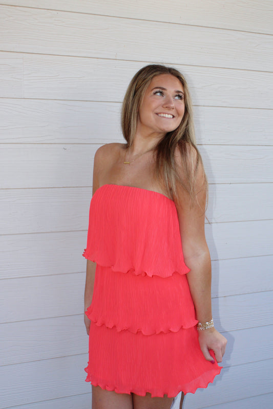 Classic Pleated Mini Dress - Coral