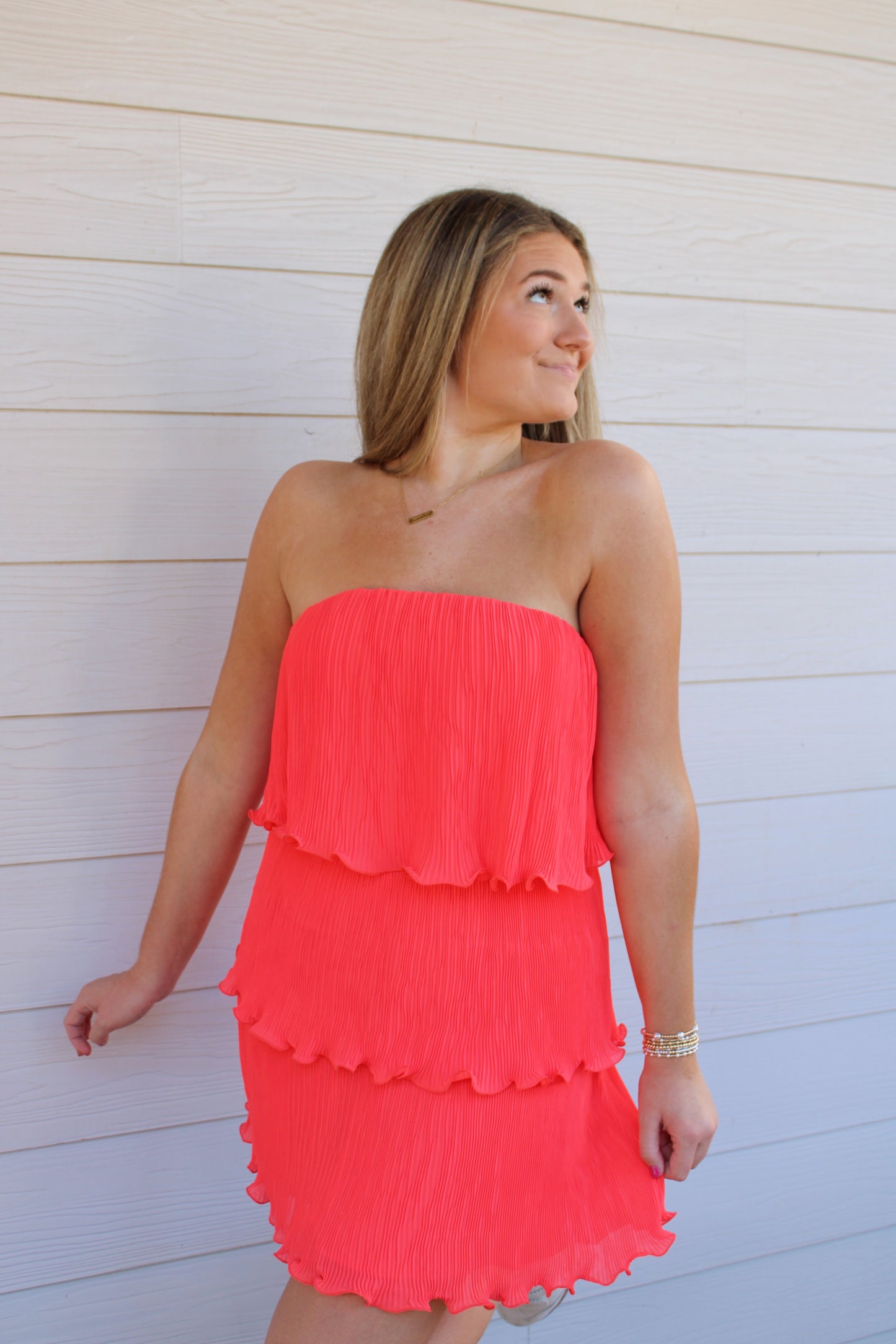 Classic Pleated Mini Dress - Coral