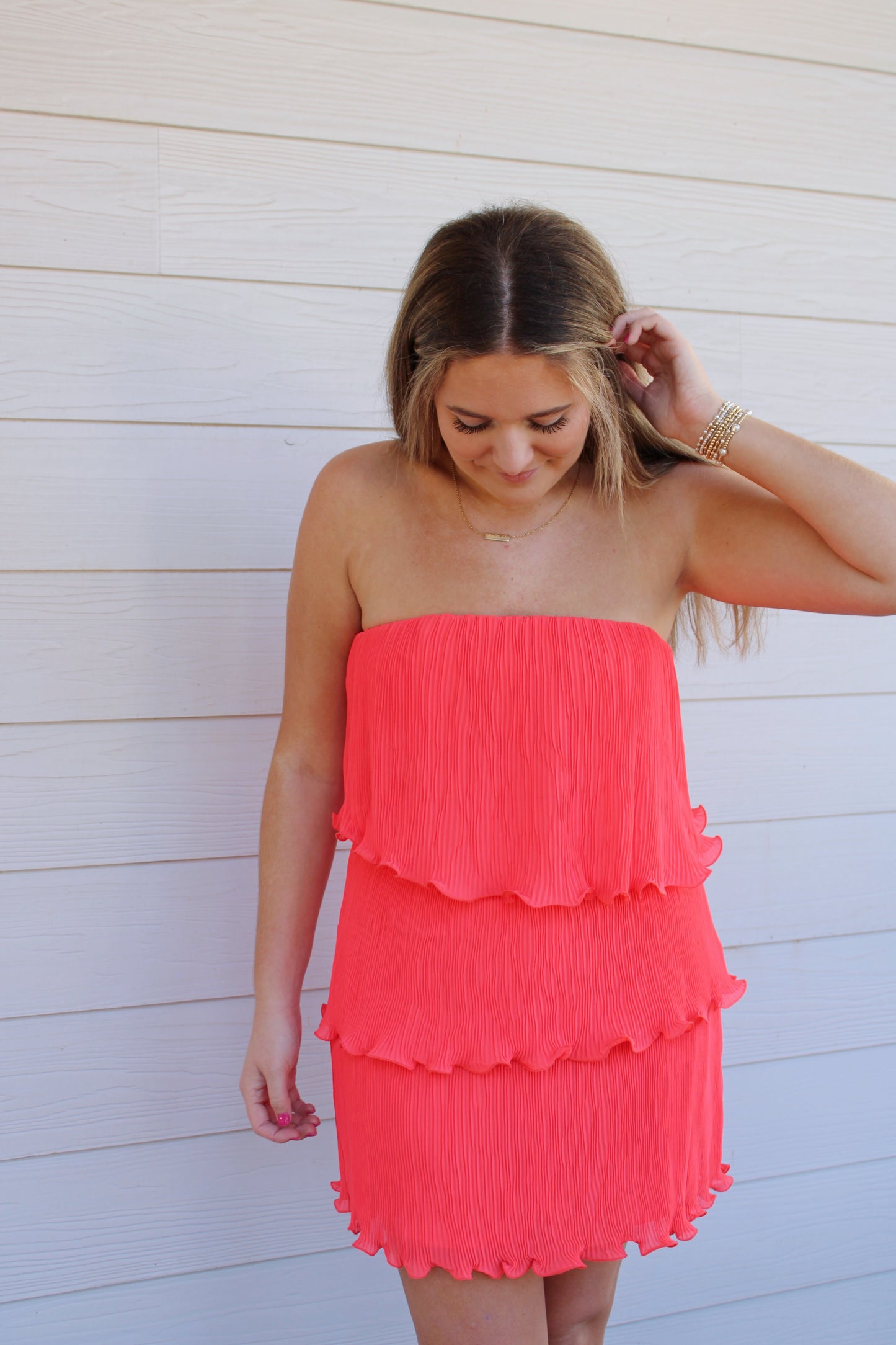 Classic Pleated Mini Dress - Coral