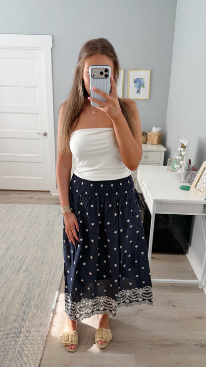 Coastal Bloom Midi Skirt -Navy