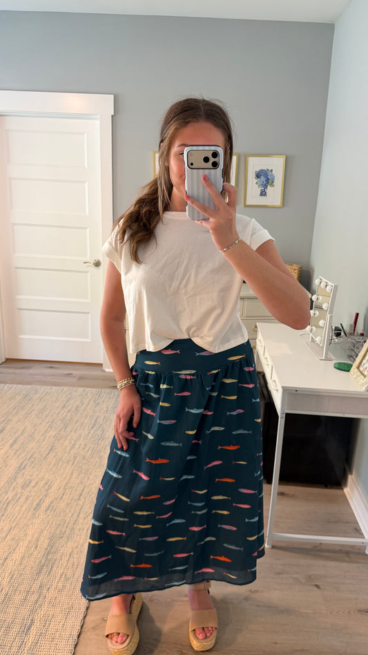 Teal Fish Midi Skirt