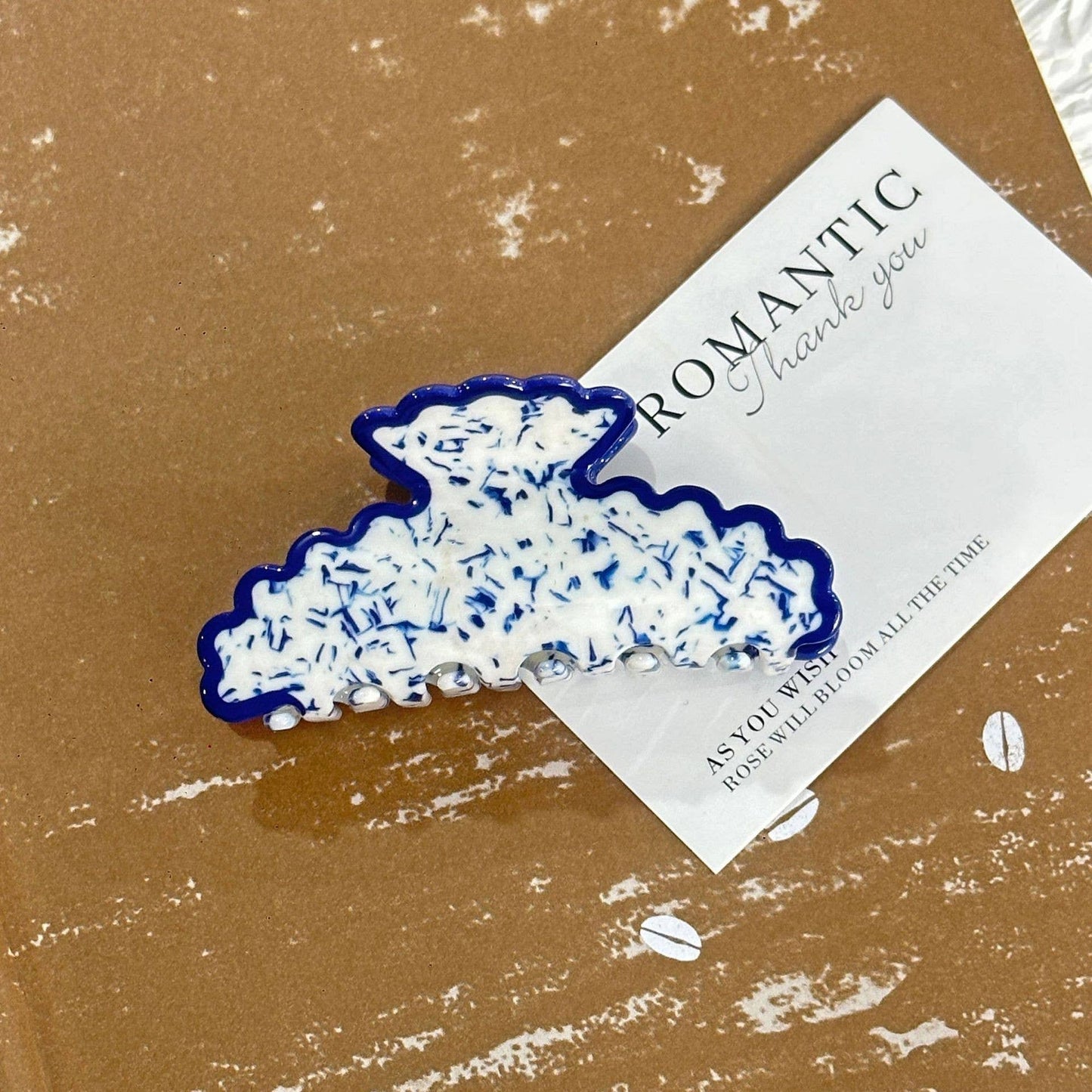 White Blue Specks Vintage Porcelain Style Claw Clip