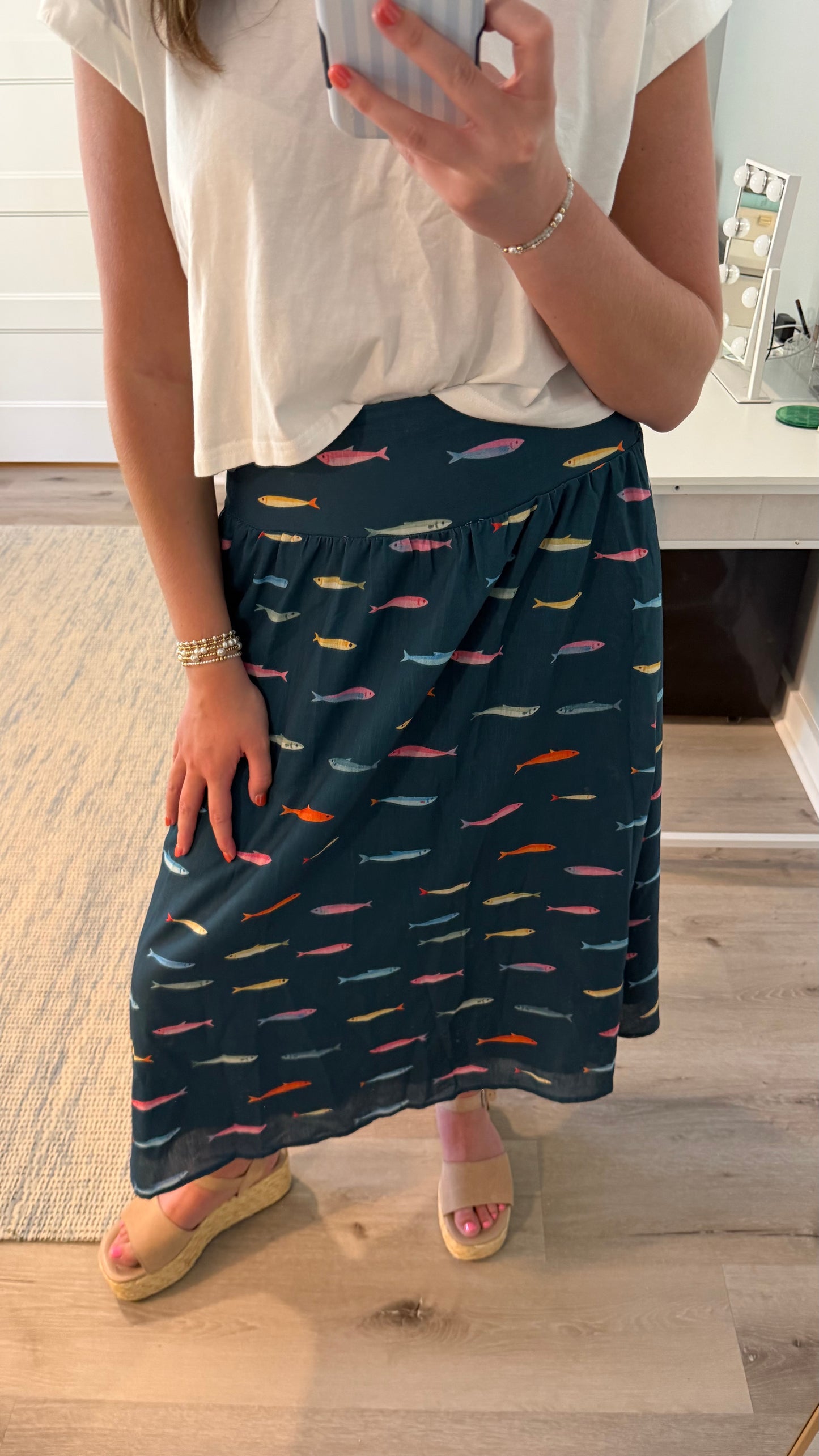 Teal Fish Midi Skirt