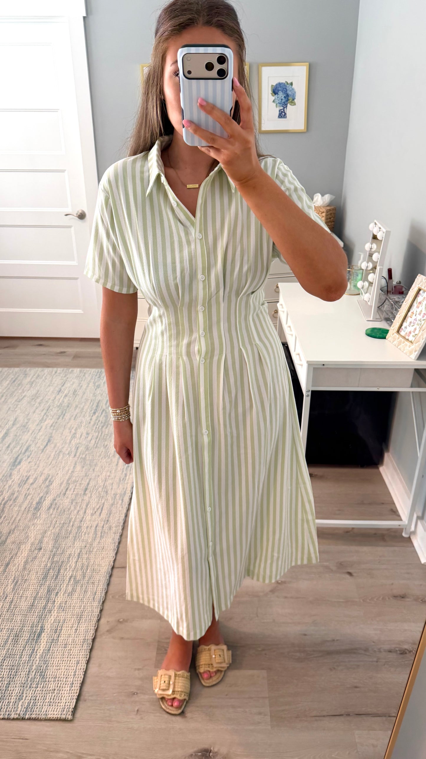 Green Button Down Midi