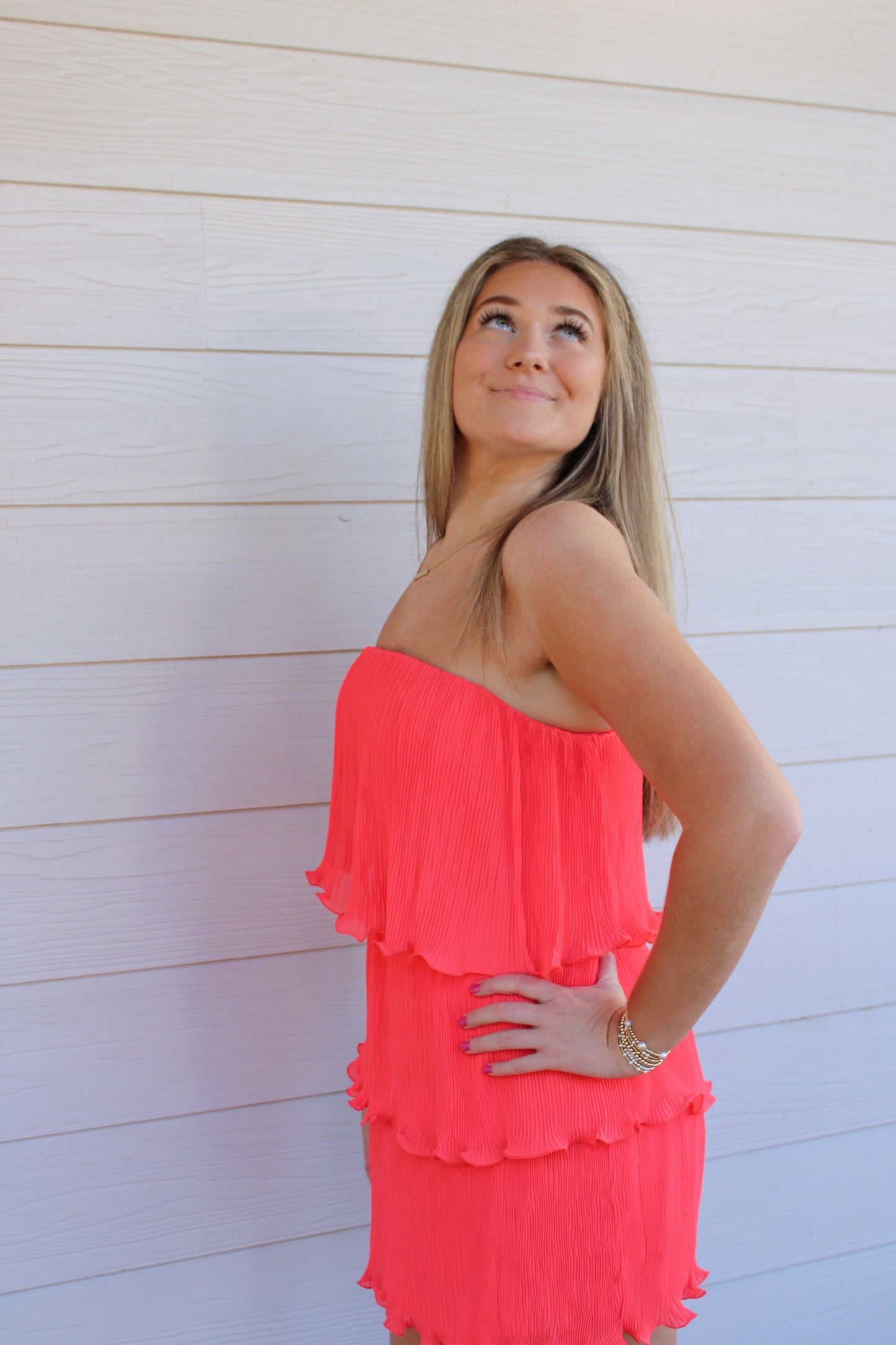 Classic Pleated Mini Dress - Coral