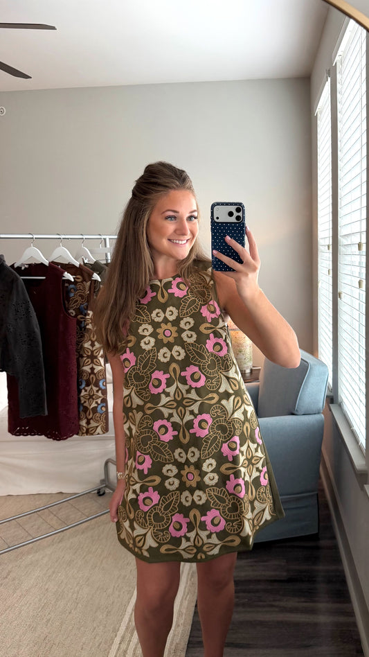 Autumn Suede Embroidery Dress - Olive