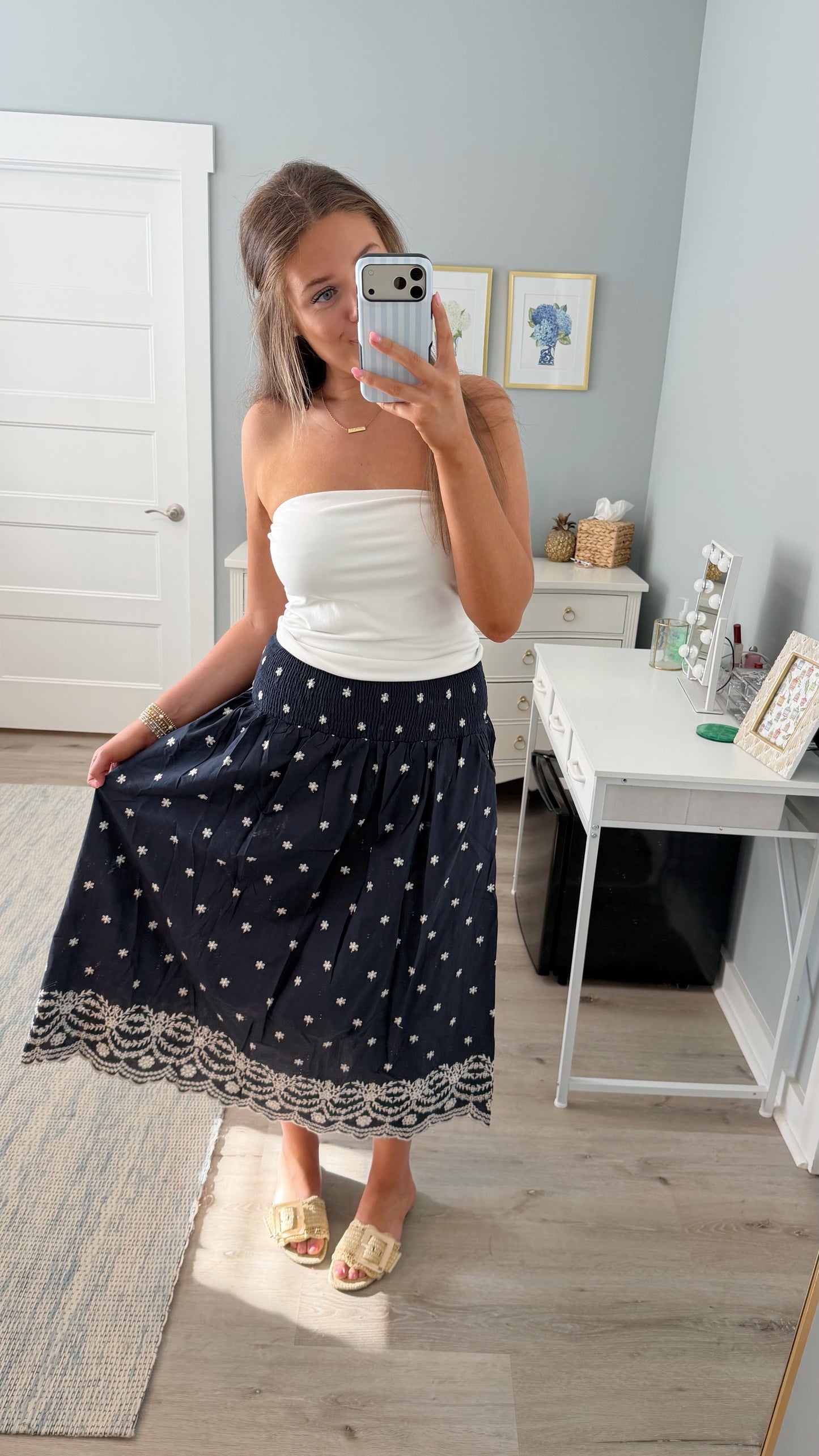 Coastal Bloom Midi Skirt -Navy