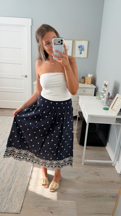 Coastal Bloom Midi Skirt -Navy