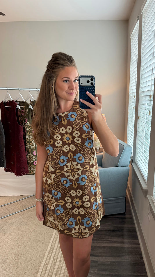 Autumn Suede Embroidery Dress - Brown