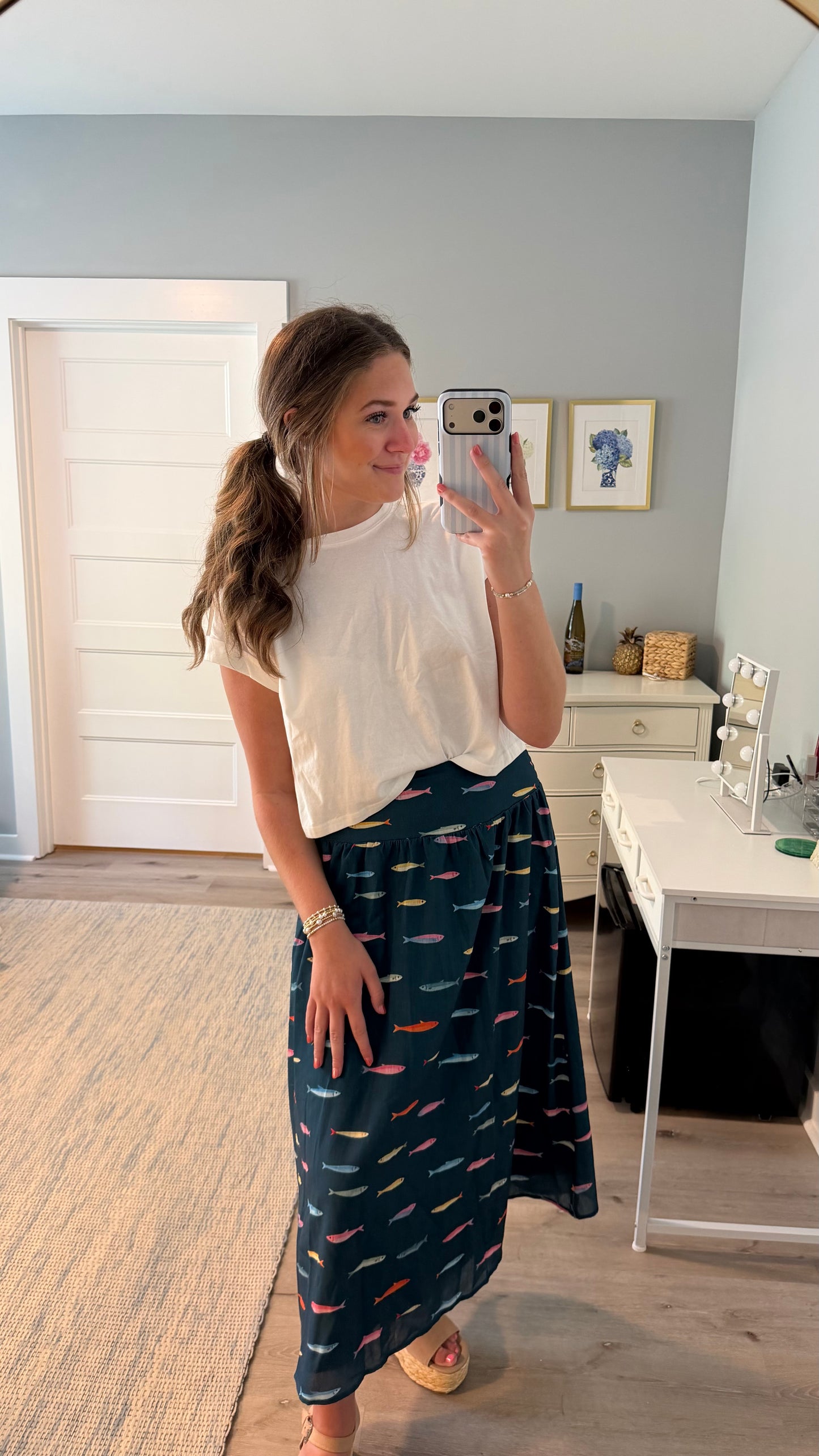 Teal Fish Midi Skirt