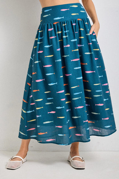 Teal Fish Midi Skirt