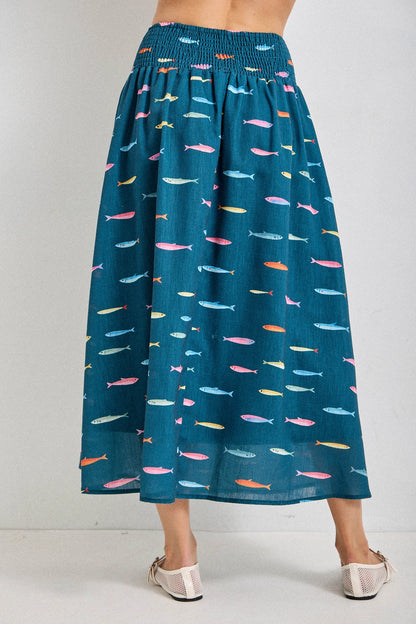 Teal Fish Midi Skirt