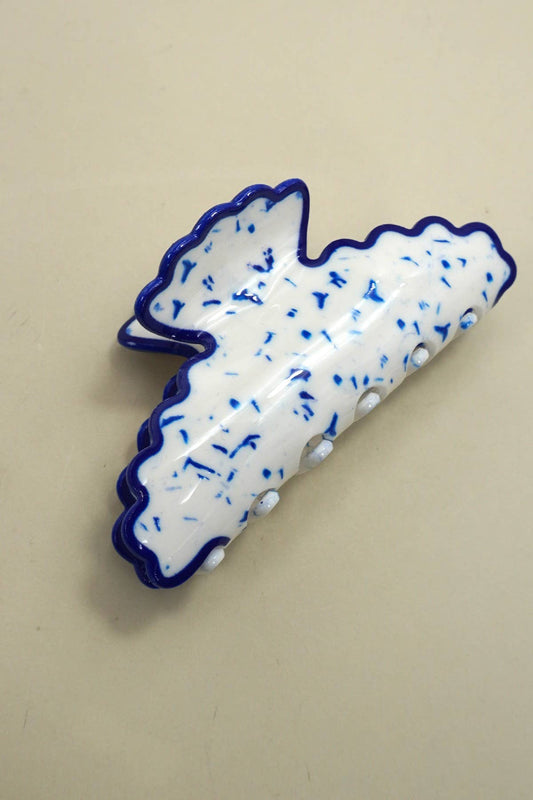 White Blue Specks Vintage Porcelain Style Claw Clip